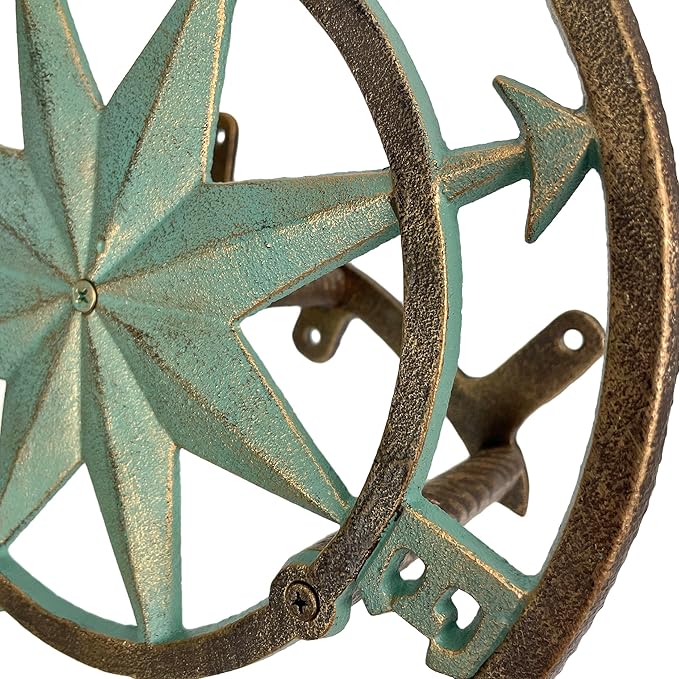 Verdigris Green Finish Cast Iron Nautical Compass Rose Wall Mounted Decorative Hanging Garden Hose Hanger - Hose Holder Organizer for Outdoor Spaces - 12 Inches in Diameter
