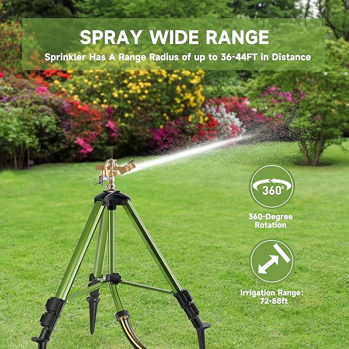 Impact Sprinklers on Tripod Base with Ground Plugs,Heavy Duty Brass Head Sprinkler with 360 Degree Spray,0-44ft Large Area Irrigation,Tripod Sprinkler with Extension Legs for Yard Garden Lawn,2 Pack
