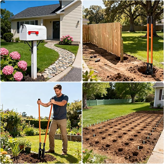 Post Hole Digger, Heavy Duty with Fiberglass Handle, Carbon Steel Blades, 58 Inches, Orange & Black