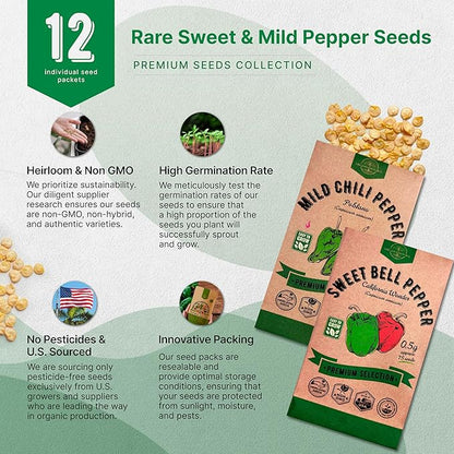 Organo Republic 12 Rare Sweet & Mild Pepper Seeds Variety Pack - 770+ Non-GMO Heirloom Pepper Seeds for Outdoor and Indoor Home Gardening, Including Pepper Anaheim, Pepperonchini, Pimento, Lilac Bell