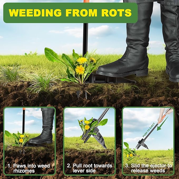 ZHENHAN Weed Puller Tool,43" Iron Stand-Up - No Bend Push-Pull Weeding Tool with Foot Pedal, Extra Long Handle Dandelion Remover for Lawn & Garden, Heavy Duty Root Extraction Tool （Black）