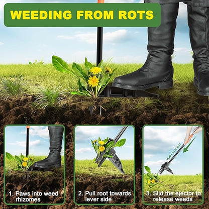 ZHENHAN Weed Puller Tool,43" Iron Stand-Up - No Bend Push-Pull Weeding Tool with Foot Pedal, Extra Long Handle Dandelion Remover for Lawn & Garden, Heavy Duty Root Extraction Tool （Black）