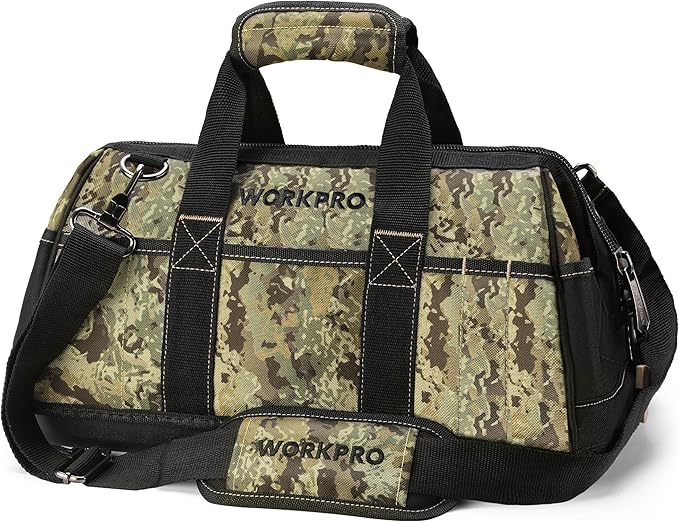 WORKPRO 16-Inch Wide Mouth Tool Bag, Tool Bags for Men with Adjustable Shoulder Strap, Waterproof Oxford Fabric and Sturdy Buttom