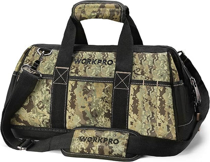 WORKPRO 16-Inch Wide Mouth Tool Bag, Tool Bags for Men with Adjustable Shoulder Strap, Waterproof Oxford Fabric and Sturdy Buttom