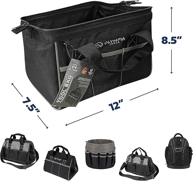 Olympia Tools Tool Bag 12 Inch, Heavy Duty Tools Bag with 3 Large Pockets, Adjustable Shouder Straps and 600D Reinforced Material