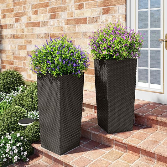 23in Tall Planter Set of 2, Large Self Watering Pots for Indoor/Outdoor Plants with Drain Holes, Water Level Monitor, Inner Bucket for Front Porch Patio, Brown Rattan