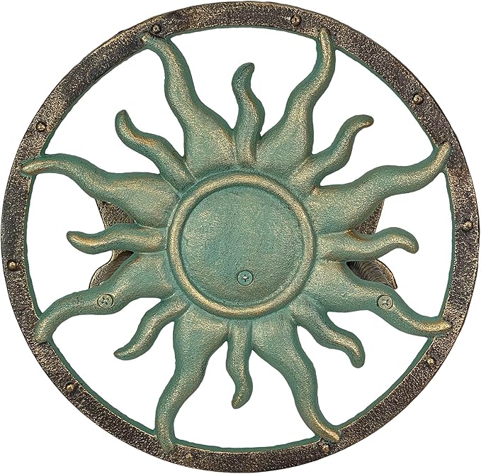 Decorative Sun Cast Iron Hose Holder – Verdigris & Bronze Finish, 11.5 In Heavy Duty Wall Mount Hose Reel, Outdoor Garden Storage Rack for Patio, Lawn, Yard, Weather Resistant, Hardware Included
