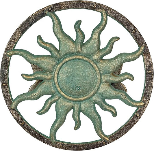 Decorative Sun Cast Iron Hose Holder – Verdigris & Bronze Finish, 11.5 In Heavy Duty Wall Mount Hose Reel, Outdoor Garden Storage Rack for Patio, Lawn, Yard, Weather Resistant, Hardware Included
