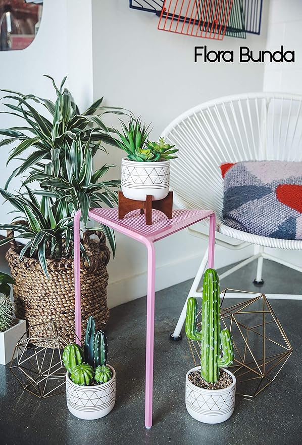 Flora Bunda 5" White Gold Ceramic Geometric W/Wood Stand Planter Pot Mid Century, 5x5x6, for Houseplants, Succulents, Snake Plants – Plants not Included