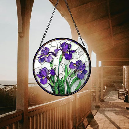 Stained Glass Window Hanging - Purple Iris Flower Sun Catcher for Door Terrace Garden Home Decor, Green Plants Suncatcher Birthday Gifts for Lovers Women Men Dad Mom Nana 6.3 in