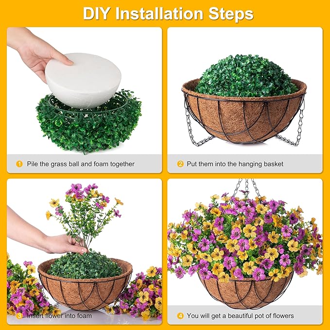 Artificial Silk Spring Flowers Hanging Basket for Outdoor Indoor, Daisy with Eucalyptus Leaves Arrangement for Yard Decor, Faux Green Plant in Metal Coconut Lining Pot(Purple Yellow)