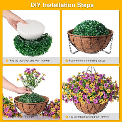 Artificial Silk Spring Flowers Hanging Basket for Outdoor Indoor, Daisy with Eucalyptus Leaves Arrangement for Yard Decor, Faux Green Plant in Metal Coconut Lining Pot(Purple Yellow)