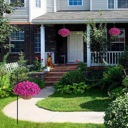 Artificial Hanging Flower Plants with Basket for Outdoor Decoration, Faux Petunias Flowers Fake Morning Glory Planter for Outside Patio Garden Porch Balcony Yard Decor(Fuchsia)