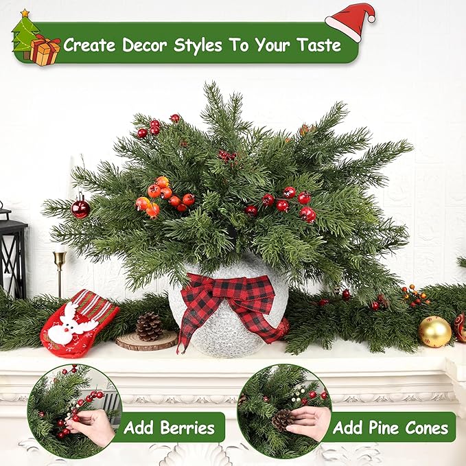 Artgar 24 Pcs Christmas Pine Branches - 18" Realistic Artificial Greenery Pine Stems - Real Touch Faux Cedar Picks for Vase, DIY Garland Wreath Home Indoor Outdoor Xmas Decorations