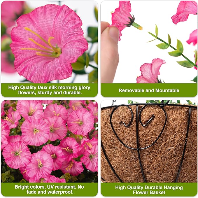 Artificial Faux Hanging Flowers Plants Baskets for Outdoors, Fake Silk Morning Glory in Planter UV Resistant Realistic Artificial Flower for Outside Porch Patio Balcony Garden Yard Home Decor