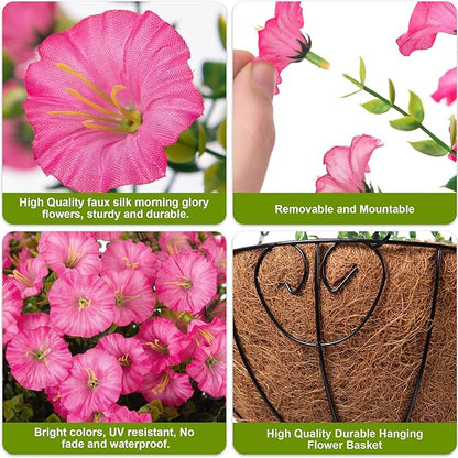 Artificial Faux Hanging Flowers Plants Baskets for Outdoors, Fake Silk Morning Glory in Planter UV Resistant Realistic Artificial Flower for Outside Porch Patio Balcony Garden Yard Home Decor