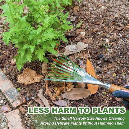 Haliaeetus Garden Hand Rake, 14.6'' Small Rake for Tight Areas, 9 Tines Stainless Steel with Ergonomic Wood Handle for Clearing Leaves and Loose Debris