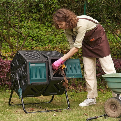 East Oak Dual Chamber Outdoor Compost Tumbler, 2×18.5 Gallon Compost Bin, Rotating Composter with Aeration & Locking System for Garden, Kitchen & Yard