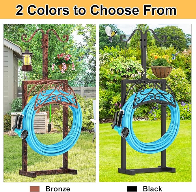 Garden Hose Holder Hanger Freestanding, Upgraded 4 Spikes Heavy Duty Storage Reel Stand with Shepherds Hooks, Holds 150ft Hose for Outside Garden Yard Lawn vegetable patch(Vintage Bronze)