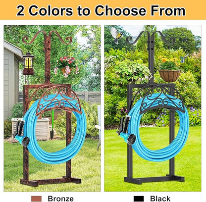 Garden Hose Holder Hanger Freestanding, Upgraded 4 Spikes Heavy Duty Storage Reel Stand with Shepherds Hooks, Holds 150ft Hose for Outside Garden Yard Lawn vegetable patch(Vintage Bronze)
