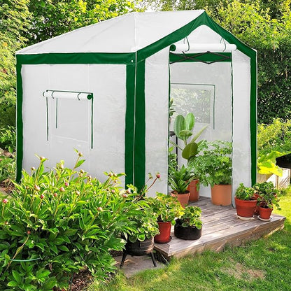 EAGLE PEAK 8x8 Portable Walk in Greenhouse with Polyester Reinforced Corners, Heavy Duty Instant Pop Up Indoor Outdoor Green House, Front Roll Up Zipper Entry Door and Mesh Windows, Green/White