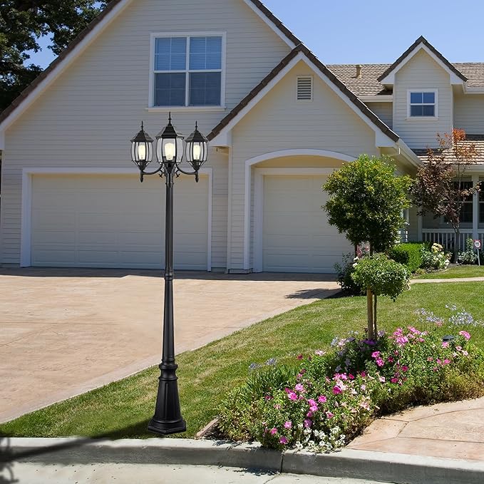 85 Inch 3-Light Lamp Post With Dusk To Dawn Sensor Three-Head Post Lantern For Garden Backyard Driveway 85in Outdoor Street Light,Aluminium Alloy,Clear Glass Shade,E26(Bulbs Not Included)