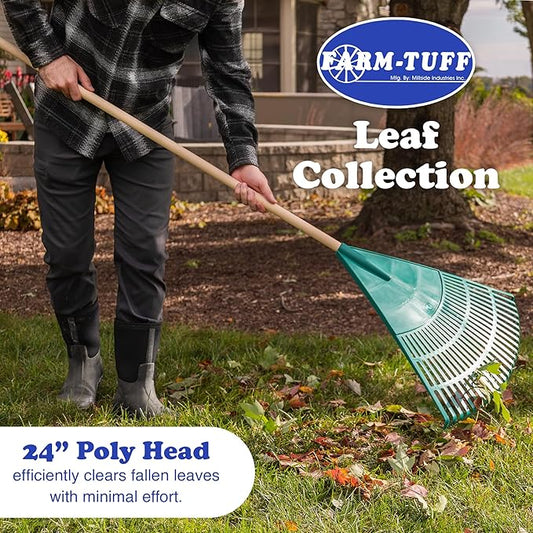 FARM-TUFF 24” Leaf & Lawn Rake with 48” Hardwood Handle - Extra-Wide, Durable Rake for Lawns, Gardens, and Yard Cleanup