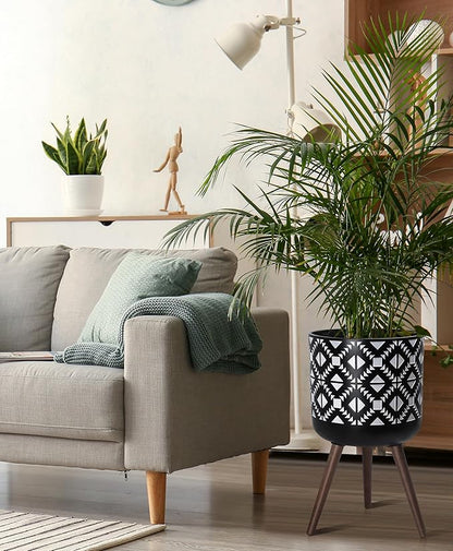 D'vine Dev 14 Inch Planter Pot with Stand, Mid-Century Tall Plant Pot with Legs for Indoor Plants, White/Black, 88-G-D-4