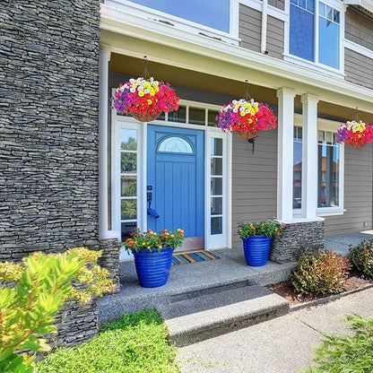 Artificial Faux Hanging Plants Flowers for Outdoors Baskets Spring Outside Decor, Fake Silk Morning Glory in Planter Look Real UV Resistant Outdoor Flowers for Porch Patio Balcony Garden Yard Home