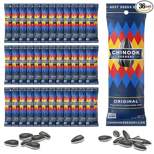 Chinook Seedery Low Sodium Sunflower Seeds – Original Flavor, Pack of 36, 1.5oz – Sunflower Seeds to Eat – Keto, Jumbo, Roasted, Baseball Snacks