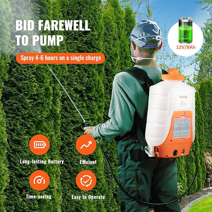 VEVOR Battery Powered Backpack Sprayer, 0-90 PSI Adjustable Pressure, 4 Gallon Tank, Back Pack Sprayer with 8 Nozzles and 2 Wands, 12V 8Ah Battery, Wide Mouth Lid for Weeding, Spraying, Cleaning