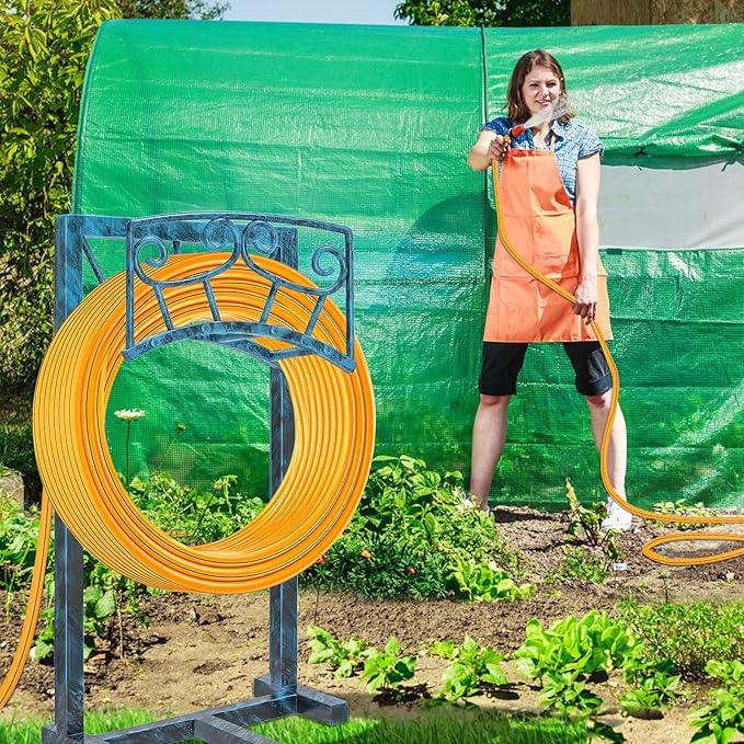 Garden Hose Holder, Heavy Duty Metal Water Hose Holders Hose Stand with 5 Spikes, Freestanding Hose Storage Rack Hose Hanger Holds 150ft Hose for Outside Yard Lawn Garden Decor (Retro Blue)