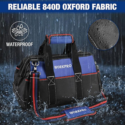 WORKPRO 16-inch Wide Mouth Tool Bag, Heavy Duty Cloth Tool Storage Bag with Water Proof Molded Base, Adjustable Shoulder Strap