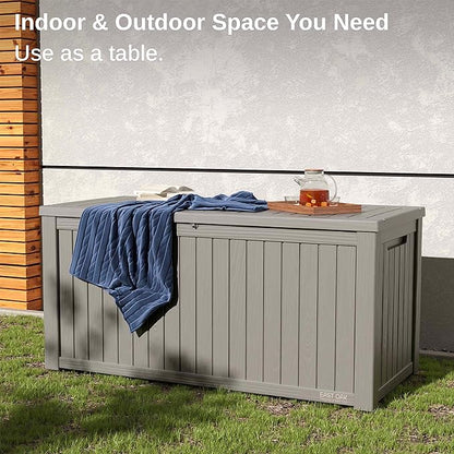 EAST OAK Outdoor Storage Box, 180 Gallon Deck Box, Large Resin Storage Bin for Patio Cushions & Gardening Tools, Lockable, Waterproof, UV Resistant, Grey