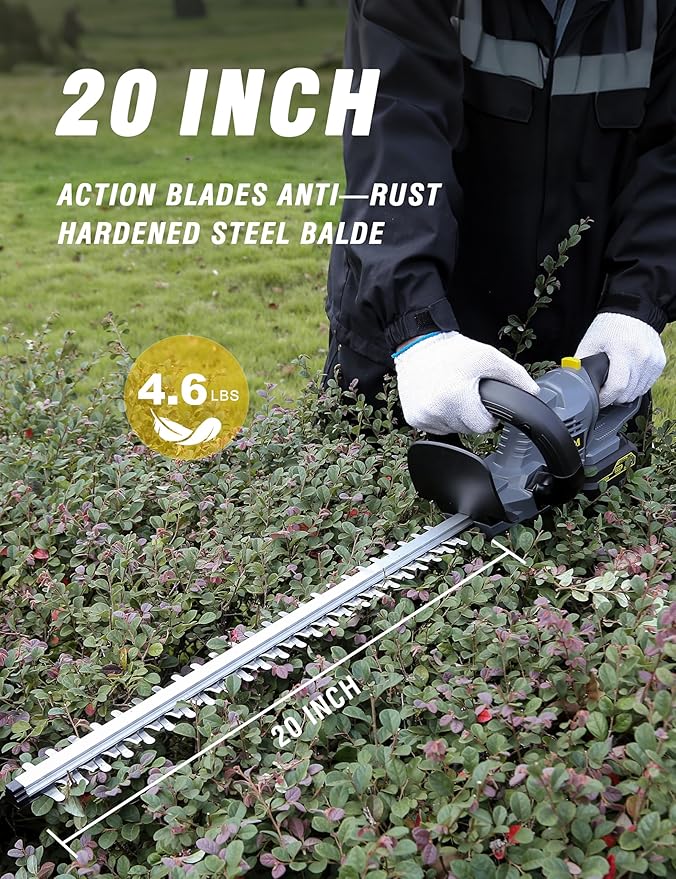 20'' Cordless Hedge Trimmer with 20V/4.0Ah Battery, Steel Blade & 180° Rotatable Head - Best Handheld Electric Trimmer Grass Shrub Pruning Cutter, Lightweight & Compact Hedge Shear for Garden, Lawn
