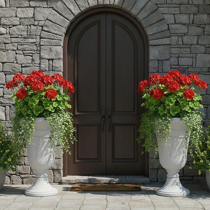 23.6" Tall Plastic Urn Planters for Outdoor Plants with Drainage Holes & Trophy Design, Set of 2 Heavy-Duty Classic Indoor Large Flower Pots, Outdoor Planters for Porch/Home/Garden, Grey