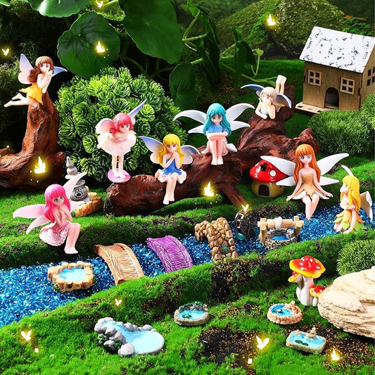 Unittype 22 Pcs Flower Fairy Gnome Accessories Garden Outdoor Miniature Bridge Mushroom Lighthouse Water Well Pond Resin Figures Garden Decorations Miniature Figurines for Craft (Flower Fairy)