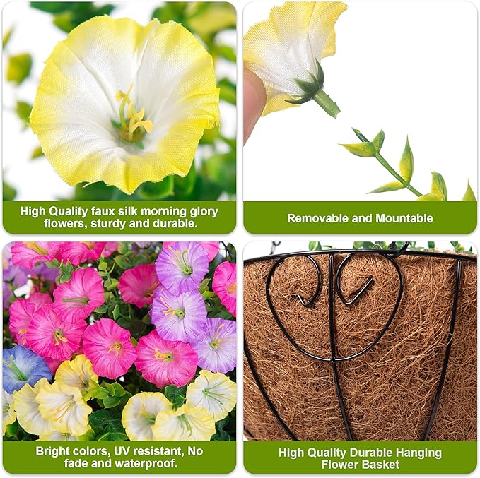 Artificial Faux Hanging Flowers Plants Baskets for Outdoors, Fake Silk Morning Glory in Planter UV Resistant Realistic Artificial Flower for Outside Porch Patio Balcony Garden Yard Home Decor