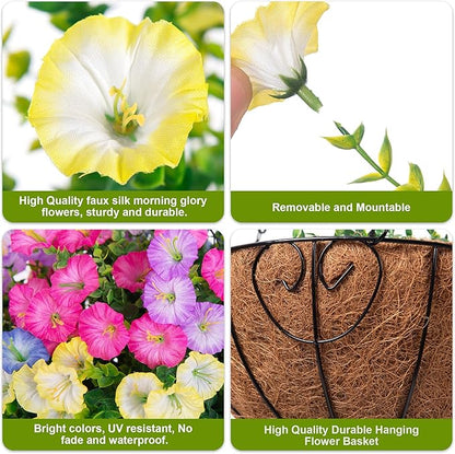 Artificial Faux Hanging Flowers Plants Baskets for Outdoors, Fake Silk Morning Glory in Planter UV Resistant Realistic Artificial Flower for Outside Porch Patio Balcony Garden Yard Home Decor
