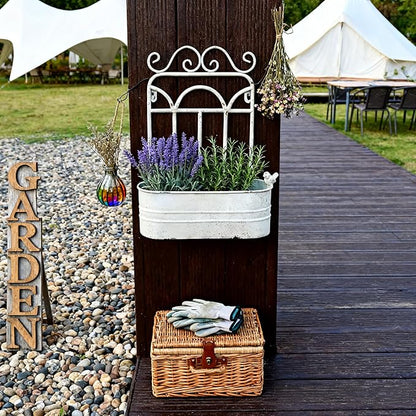Vintage Rustic Wall Planter Distressed Decor Iron Hanging Plant Basket Shabby Metal Wall Mounted Flower Holder Pot Stand for Indoor Outdoor Home Balcony Patio Farmhouse Garden Decorative (White)