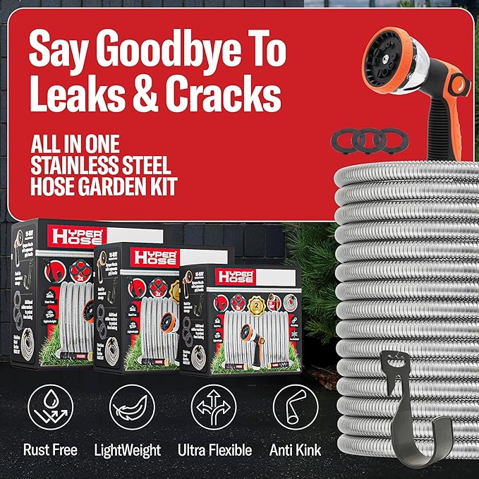 Best 150 ft Metal Garden Hose Set - No-Kink Durable 316 Stainless Steel, 10-Way Zync Spray Nozzle & Hook – Tough Flexible Heavy Duty Water Hoses, Naval Brass, Rust, Weather, LeakProof