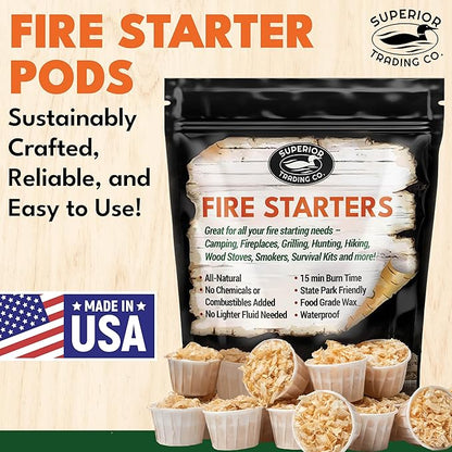 Superior Trading Fire Starter Pods in Resealable Packs - Fire Starters for Campfires, BBQ, Grill, Pit, Wood Stove & Charcoal Starter, 15-20-Min Burn, 30 Extra Large Pods, USA Made, Brown, 3.2 Lbs