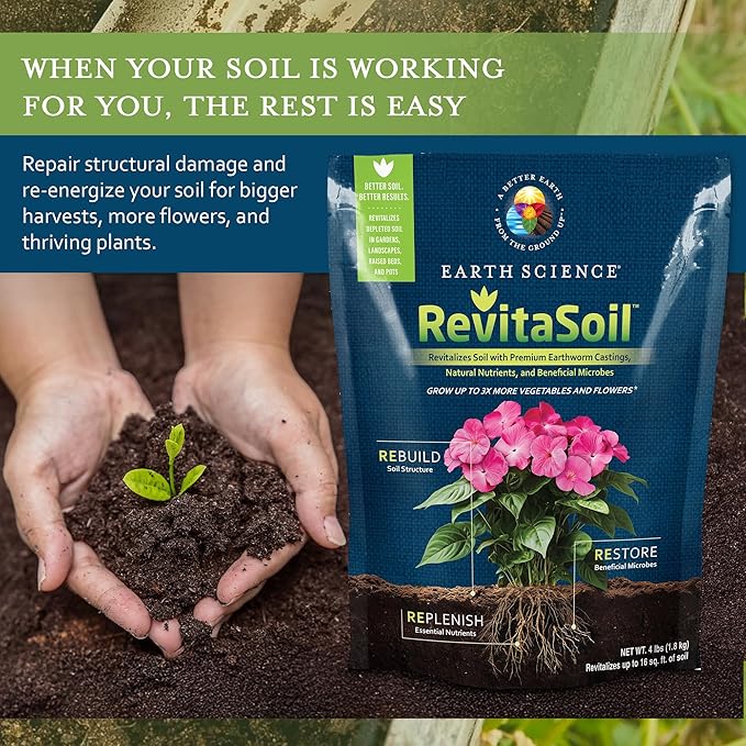 Earth Science RevitaSoil Soil Amendment, 4lb - Organic Soil Booster - Earthworm Castings, Worm Castings, Growth Enhancer, Nutrients - Grow 3X More Plants, Gardens, Landscapes, Raised Beds