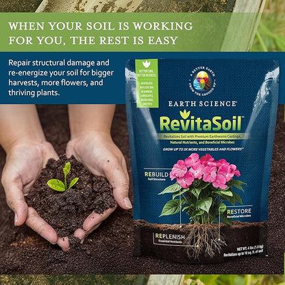 Earth Science RevitaSoil Soil Amendment, 4lb - Organic Soil Booster - Earthworm Castings, Worm Castings, Growth Enhancer, Nutrients - Grow 3X More Plants, Gardens, Landscapes, Raised Beds