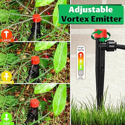 MIXC 30pcs Quick-Connect Drip Irrigation Emitters for 1/4" Drip Irrigation Tubing - Adjustable Push-to-Connect 360° Drip Emitters Stream on 6" Sturdy Stake for Irrigation System