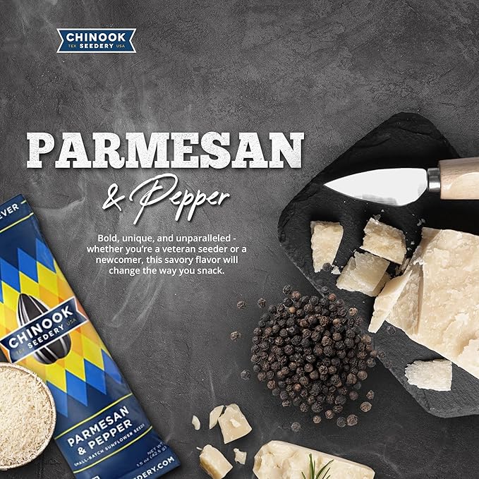 Chinook Seedery Low Sodium Sunflower Seeds – Parmesan & Pepper Flavor, Pack of 36, 1.5oz – Sunflower Seeds to Eat – Keto, Jumbo, Roasted, Baseball Snacks