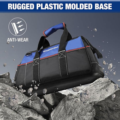 WORKPRO 16-inch Wide Mouth Tool Bag, Heavy Duty Cloth Tool Storage Bag with Water Proof Molded Base, Adjustable Shoulder Strap