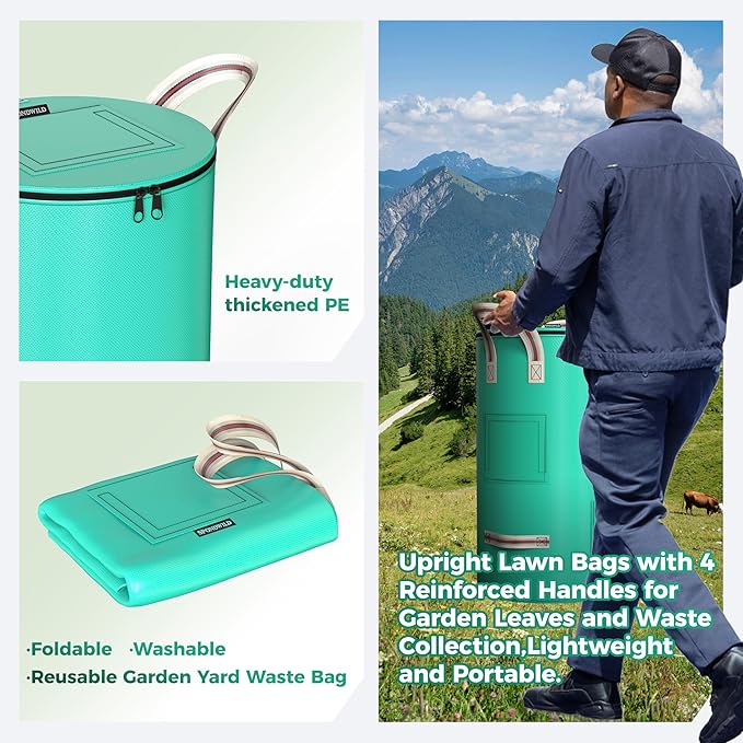 Reusable Garden Yard Waste Bag – 43 Gallon Breathable Thickened Reusable Lawn Bag, with 4 Handles for Easy Moving & Foldable Design, for Leaf & Miscellaneous Debris Collection(Green)