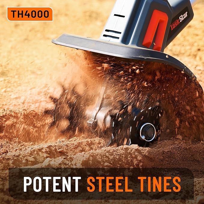 Cordless Tiller for Gardening 360 RPM Rototiller TH4000 Cultivator TaskStar Electric Garden Tiller Battery Powered Total 4000mAh,48 Heavy-Duty Steel Tines for Smooth Ground