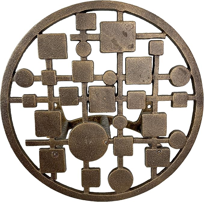 Mid-Century Modern Cast Iron Circles & Squares Hose Holder – Bronze Finish, Wall-Mounted, Weather Resistant, Durable Outdoor Storage, 11.75 Inch Diameter